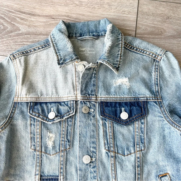 Kids Gap Asymmetrical Patchwork Distressed Jean Trucker Jacket - Picture 5 of 14
